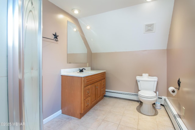 bathroom featuring toilet, visible vents, baseboard heating, and lofted ceiling