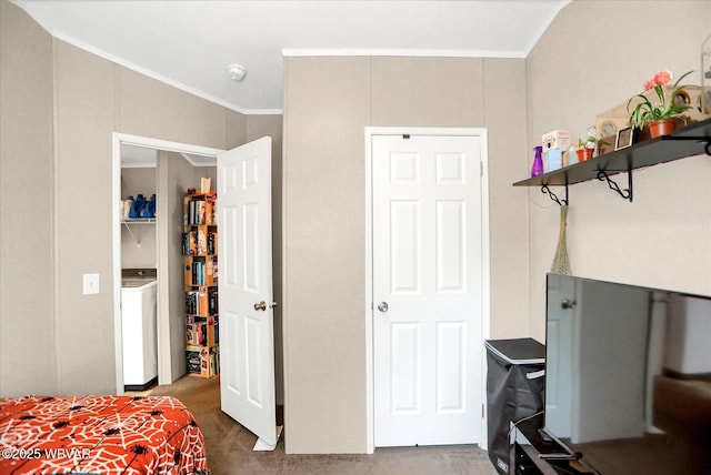 212 Sanctuary Blvd, Lock Haven, PA 17745 - carpeted bedroom with washer / dryer and crown molding