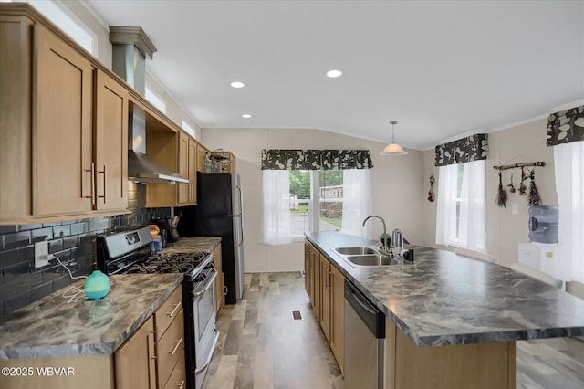 212 Sanctuary Blvd, Lock Haven, PA 17745 - kitchen featuring stainless steel appliances, lofted ceiling, wall chimney range hood, light wood-type flooring, and decorative backsplash