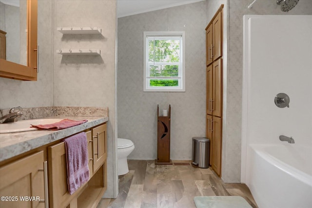 212 Sanctuary Blvd, Lock Haven, PA 17745 - full bath featuring ornamental molding, vanity,  shower combination, and wallpapered walls