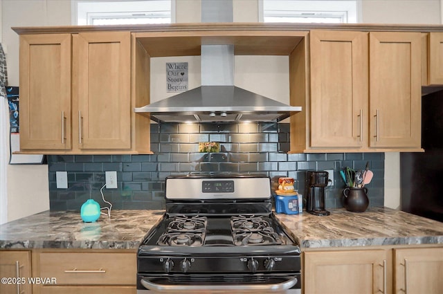 212 Sanctuary Blvd, Lock Haven, PA 17745 - kitchen with range with gas stovetop, wall chimney exhaust hood, light brown cabinets, decorative backsplash, and light stone countertops