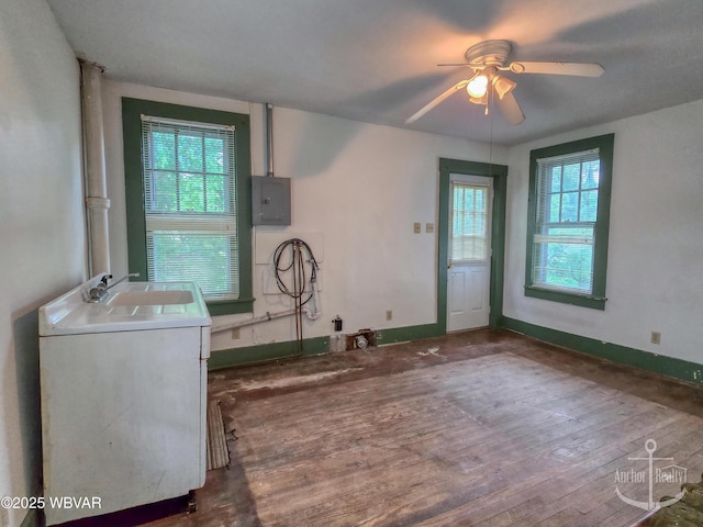 345 W Main St, Lock Haven, PA 17745 - kitchen featuring electric panel, plenty of natural light, a ceiling fan, and wood finished floors