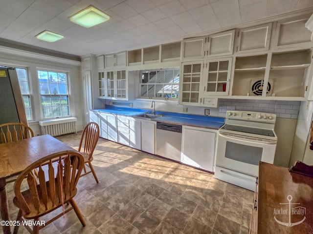 345 W Main St, Lock Haven, PA 17745 - kitchen featuring dishwasher, white electric range, radiator heating unit, open shelves, and glass insert cabinets