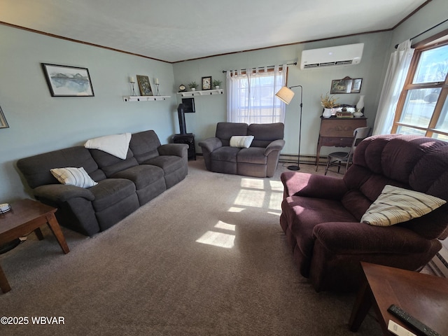 living area with crown molding, carpet, a wealth of natural light, and a wall mounted AC