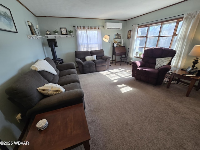 living area featuring crown molding, carpet flooring, and a wall mounted AC