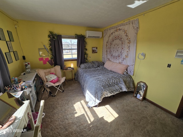 carpeted bedroom with baseboards and a wall mounted AC