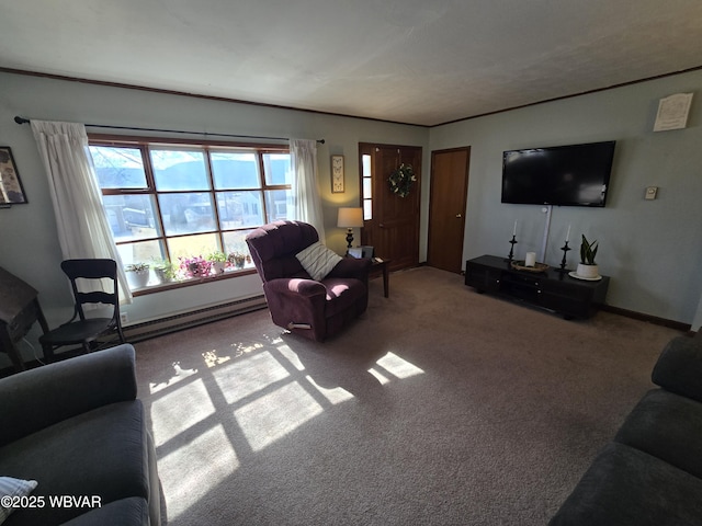 living room featuring carpet flooring, baseboards, and baseboard heating