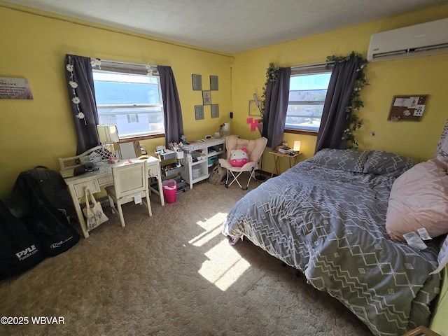 carpeted bedroom featuring a wall mounted AC