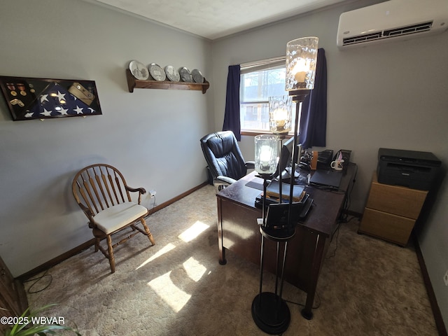 office with baseboards, an AC wall unit, and carpet