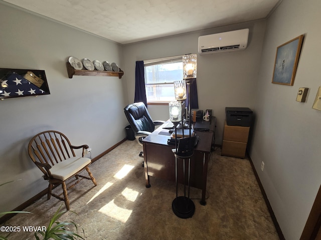 office area featuring carpet, baseboards, and a wall mounted air conditioner