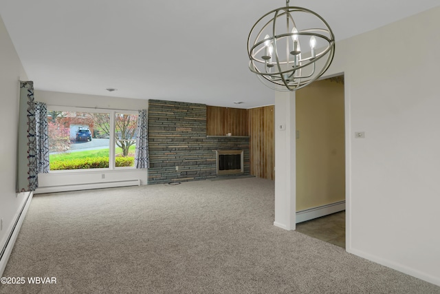 316 Winter St, Duboistown, PA 17702 - unfurnished living room with baseboard heating, a baseboard heating unit, carpet floors, a fireplace, and a notable chandelier