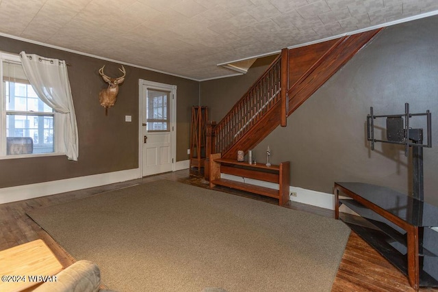 entryway featuring hardwood / wood-style flooring and crown molding