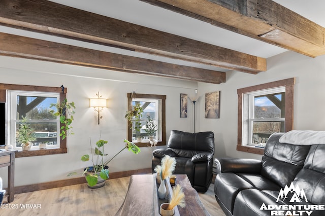 living area with plenty of natural light, beamed ceiling, and wood finished floors