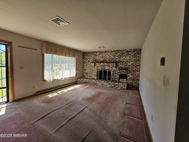 399 Sholder Rd, Williamsport, PA 17701 - unfurnished living room featuring a baseboard radiator, carpet, a fireplace, and baseboards