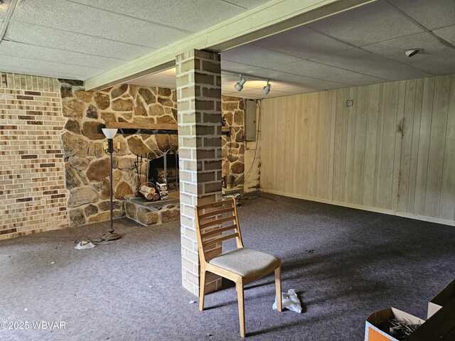 399 Sholder Rd, Williamsport, PA 17701 - finished basement featuring carpet, wooden walls, electric panel, a paneled ceiling, and a stone fireplace