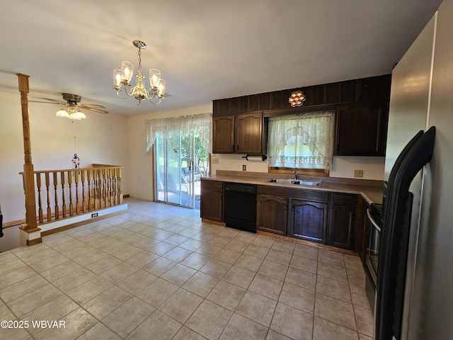 399 Sholder Rd, Williamsport, PA 17701 - kitchen featuring freestanding refrigerator, dishwasher, a chandelier, a sink, and light tile patterned floors
