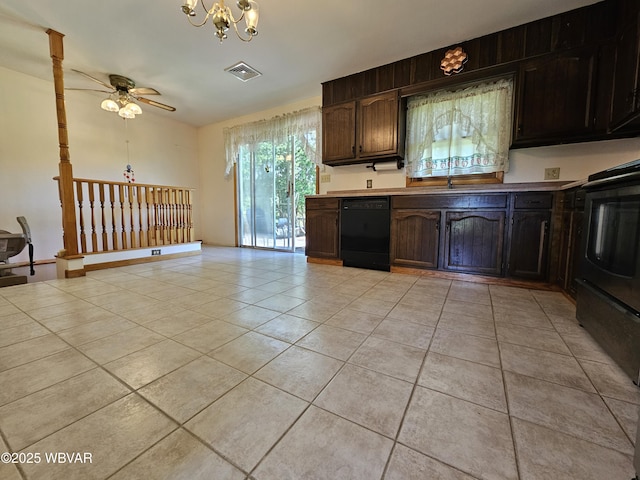 399 Sholder Rd, Williamsport, PA 17701 - kitchen with black dishwasher, a chandelier, light tile patterned floors, and a ceiling fan
