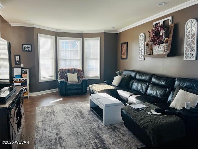 living room featuring ornamental molding and dark tile patterned flooring