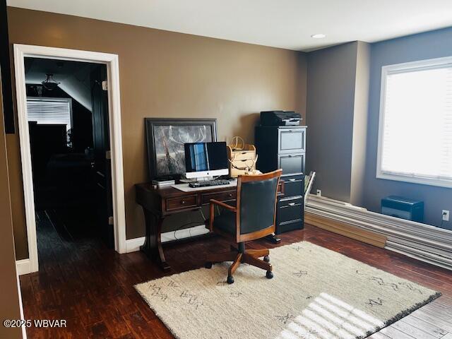 office area featuring plenty of natural light and dark hardwood / wood-style floors