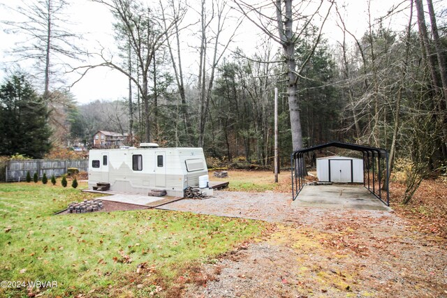 view of yard with a storage shed