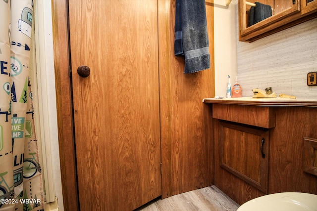 bathroom featuring decorative backsplash, hardwood / wood-style floors, and vanity