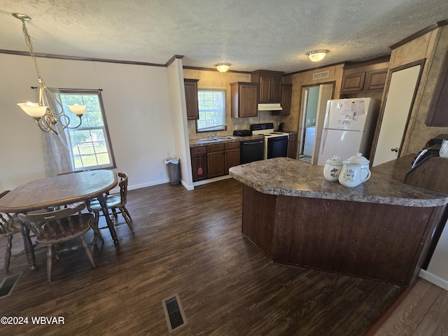 kitchen featuring a textured ceiling, a wealth of natural light, dark hardwood / wood-style flooring, and white appliances