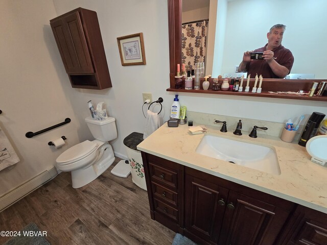 bathroom featuring hardwood / wood-style floors, vanity, toilet, and baseboard heating