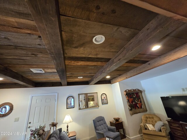 interior space with beam ceiling and wood ceiling