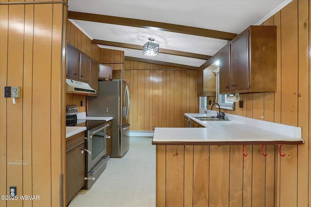 345 E Main St, Loganton, PA 17747 - kitchen with electric stove, a sink, light floors, wood walls, and ventilation hood
