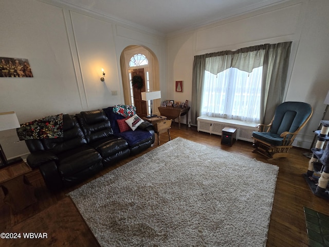 living room with crown molding and dark hardwood / wood-style floors