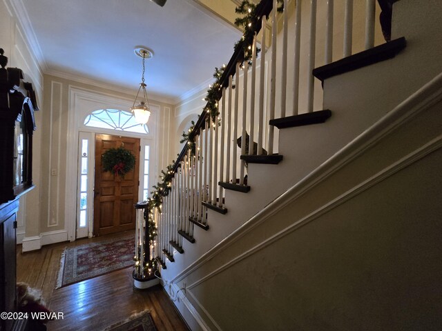 foyer featuring ornamental molding and dark wood-type flooring