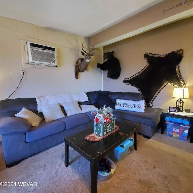 carpeted living room featuring a wall unit AC