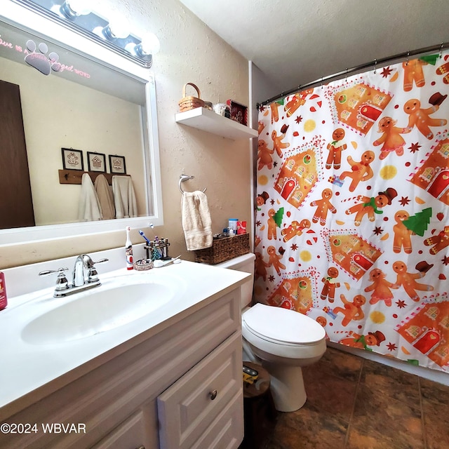 bathroom featuring a shower with curtain, tile patterned floors, a textured ceiling, toilet, and vanity