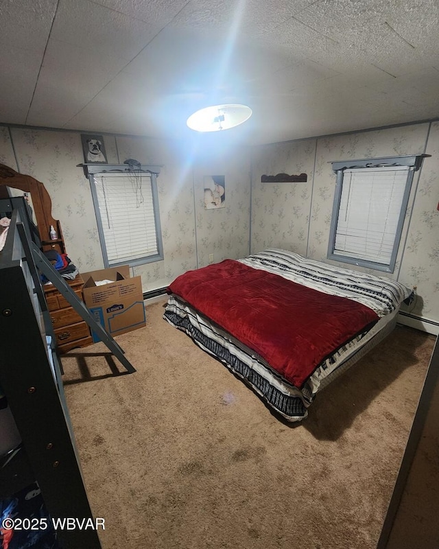 bedroom featuring carpet floors, a textured ceiling, and baseboard heating