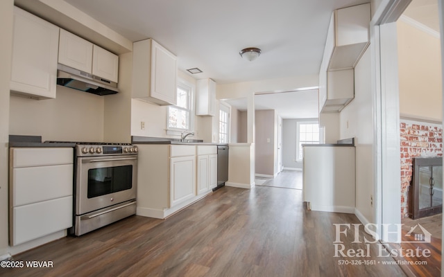 kitchen with appliances with stainless steel finishes, dark hardwood / wood-style floors, a fireplace, sink, and white cabinets