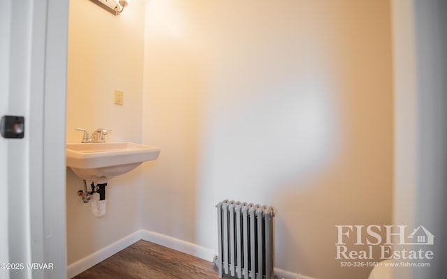 bathroom featuring radiator heating unit and hardwood / wood-style floors