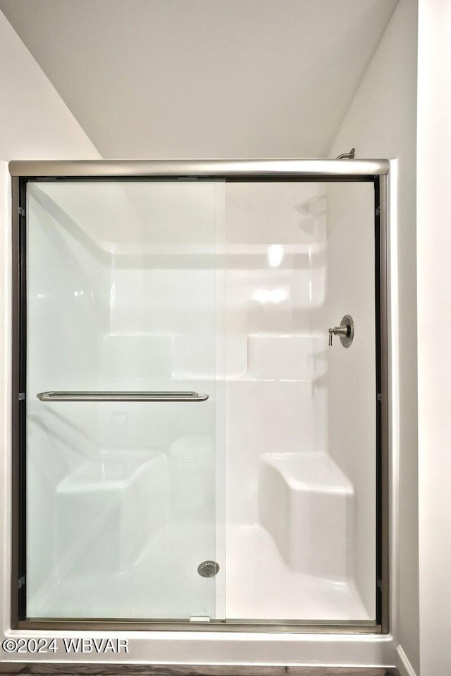 bathroom with a shower with shower door