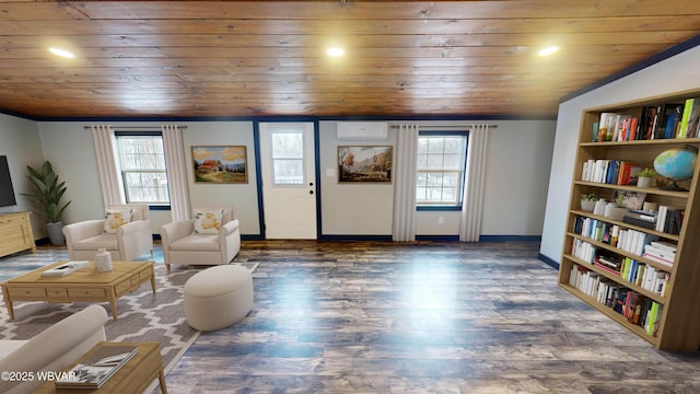 living room featuring dark hardwood / wood-style floors, a wealth of natural light, and wood ceiling