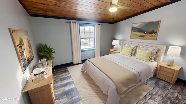 bedroom featuring lofted ceiling, ceiling fan, wood ceiling, and dark hardwood / wood-style floors