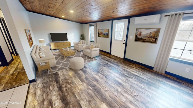 living room with a wealth of natural light, wooden ceiling, crown molding, and a wall unit AC