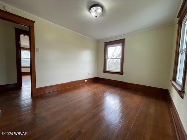 unfurnished room featuring dark hardwood / wood-style floors and crown molding