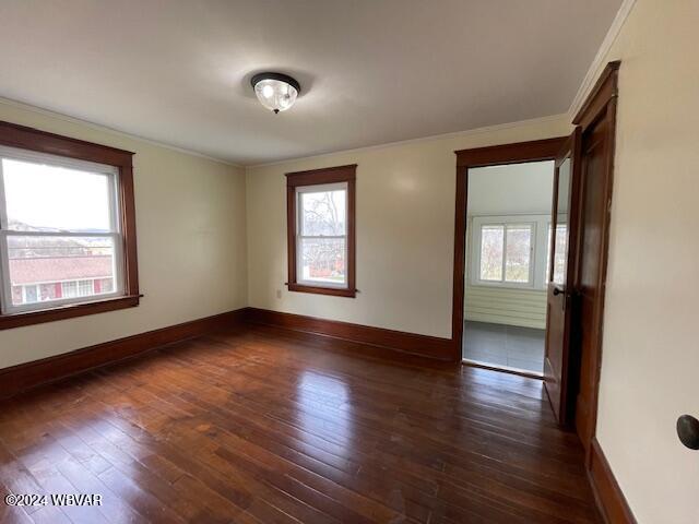 unfurnished room featuring ornamental molding and dark wood-type flooring