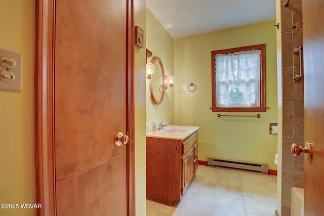 43 Hillcrest Ln, Williamsport, PA 17701 - full bathroom featuring baseboard heating, vanity, tile patterned floors, and a shower