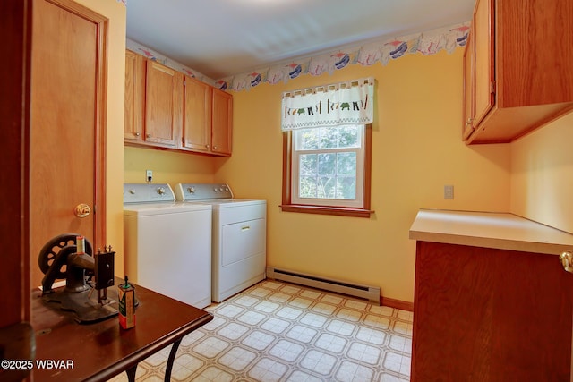 43 Hillcrest Ln, Williamsport, PA 17701 - laundry room with a baseboard heating unit, cabinet space, separate washer and dryer, and light flooring