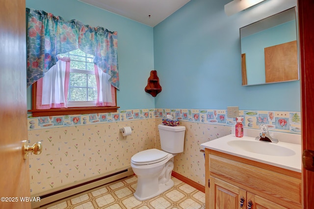 43 Hillcrest Ln, Williamsport, PA 17701 - half bath with baseboard heating, vanity, tile patterned floors, and wallpapered walls