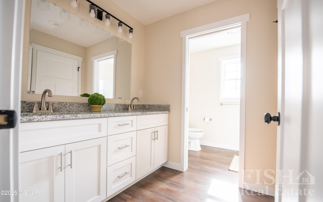 full bathroom featuring toilet, a sink, wood finished floors, baseboards, and double vanity