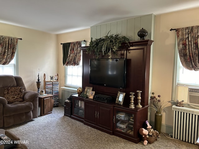 carpeted living room with radiator heating unit and a healthy amount of sunlight