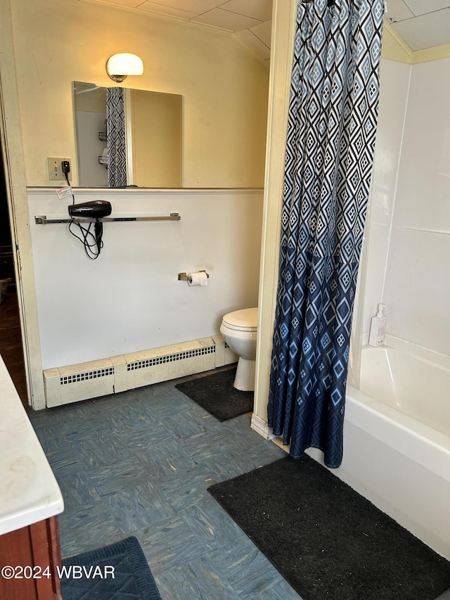 full bathroom with vanity, vaulted ceiling, toilet, a baseboard radiator, and shower / tub combo