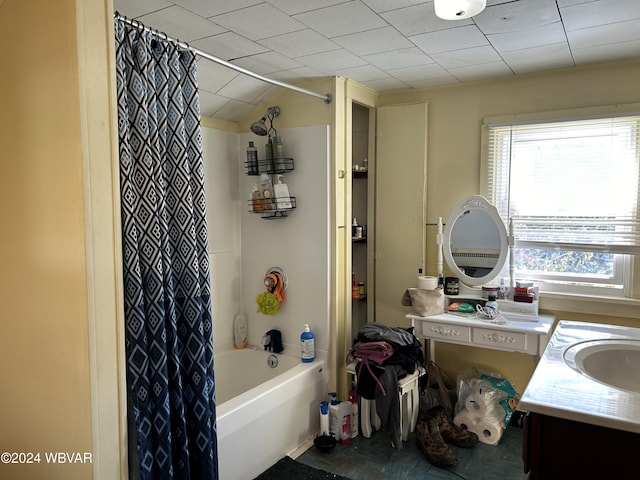 bathroom with vanity and shower / bath combo with shower curtain