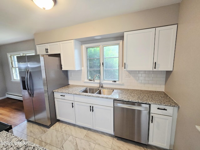 1760 Fredna Ave, Williamsport, PA 17701 - kitchen with appliances with stainless steel finishes, a sink, a baseboard heating unit, and white cabinets